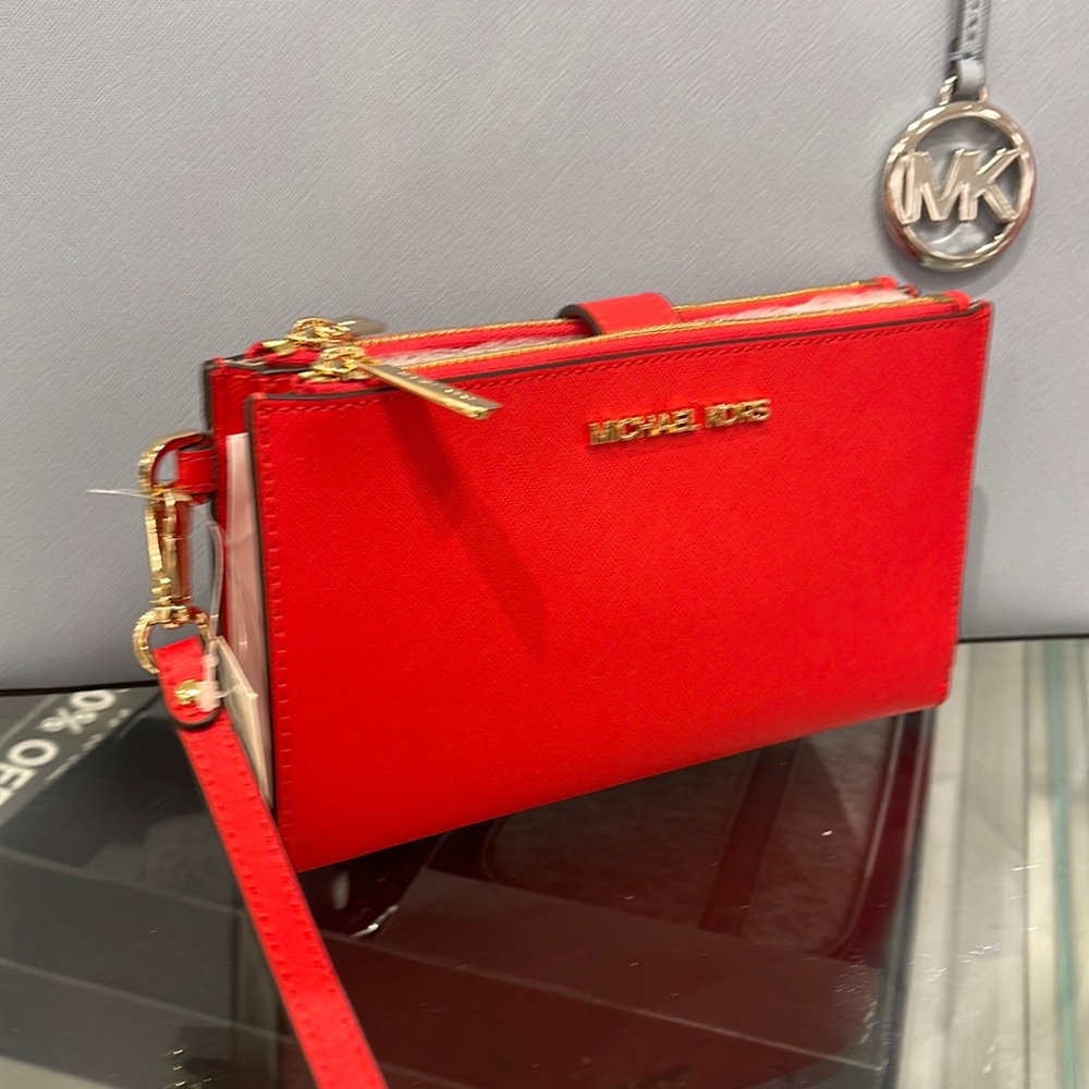 Michael Kors Jet Set Travel Large Double Zip Leather Wristlet phone holder NWT
